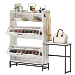 Nicole Selection Modern Narrow Entryway Shoe Cabinet - 13.5" Depth Space Saving Organizer, Large Capacity Hallway Storage Bench for Home, White