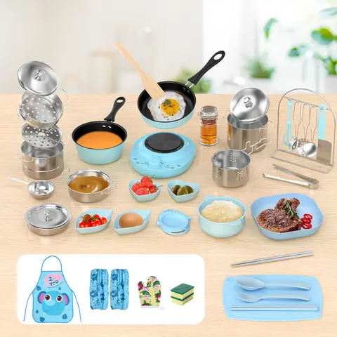 GOTOOFUN Kids Cooking Pretend Play Kit for 8-12 Years (Pink/Blue) - Family-Friendly Cute Dainty Kitchen Toys with Play Food, Safe Knife, Cutting Board, Steamer, Storage Rack, Montessori Life Skills Tools, Child-Safe Gift
