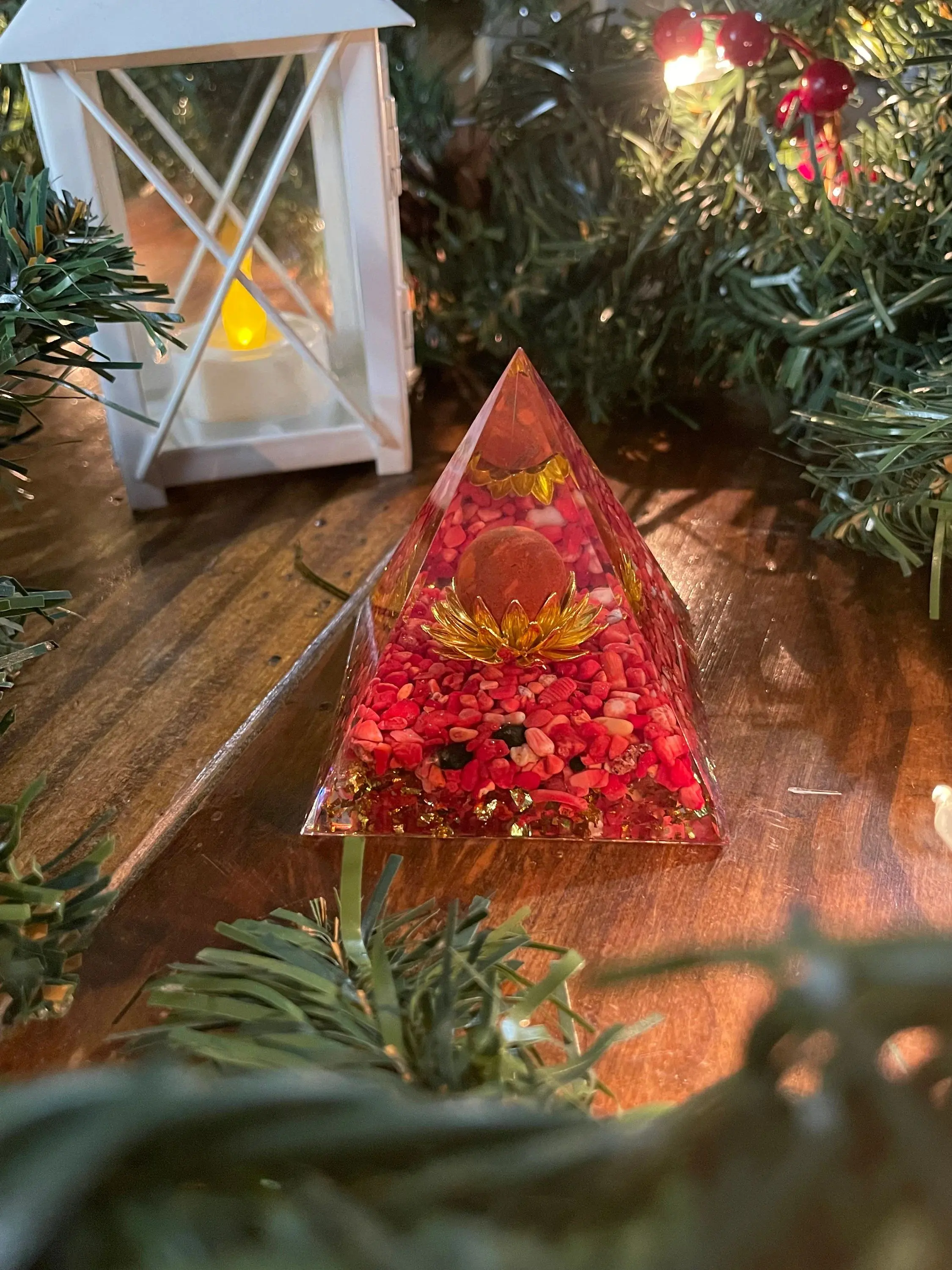 Crystal Pyramid Energy Generator with Red Coral Stone Orgone and Sacred Geometry for Home Decor and EMF Protection