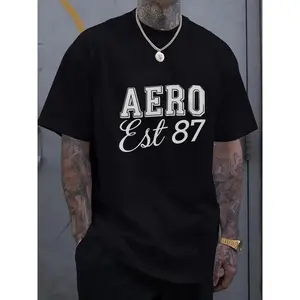 AERO Est 87 Men's 100% Cotton Classic Round Neck Shortsleeve T-Shirt - Fashion Sporty Sports Tops, Black Tee with Geometric Tattoo Pearl Print, Breathable Summer Streetwear Casual Top