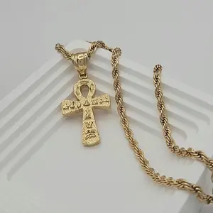 Gold Ankh Necklace for Men - Large Textured Ankh Cross Pendant, 14k Heavy Plated Gold, 4mm French Diamond Cut Chain, High Quality
