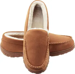 Moccasins for Men House Slippers Indoor Outdoor Plush Mens Bedroom Shoes with Hard Sole Boy Footwear Classic Suede Soft Memory Foam Non-Slip Sole Rubber Flipflop Beige Micro Suede Upper