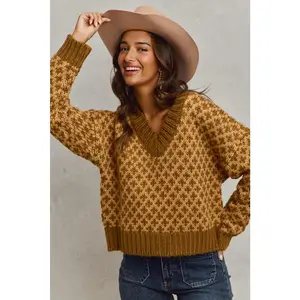 SO ME Color Block Textured Christmas Sweater V Neck Top