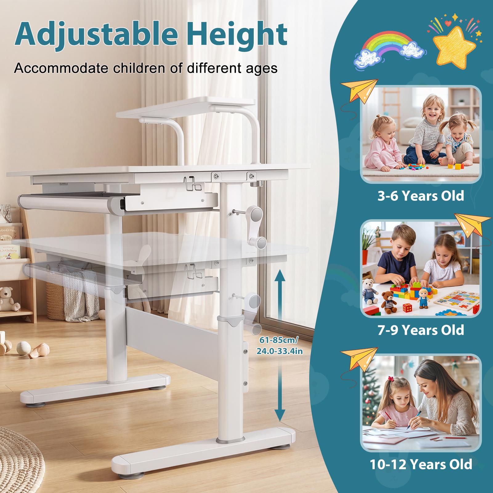 Bodonl 39 Inch Wide Kids Desk, Child Computer Desk with Bookshelf Hutch, Adjustable Height, Tilting Desktop, for Home School Use for Boys Girls