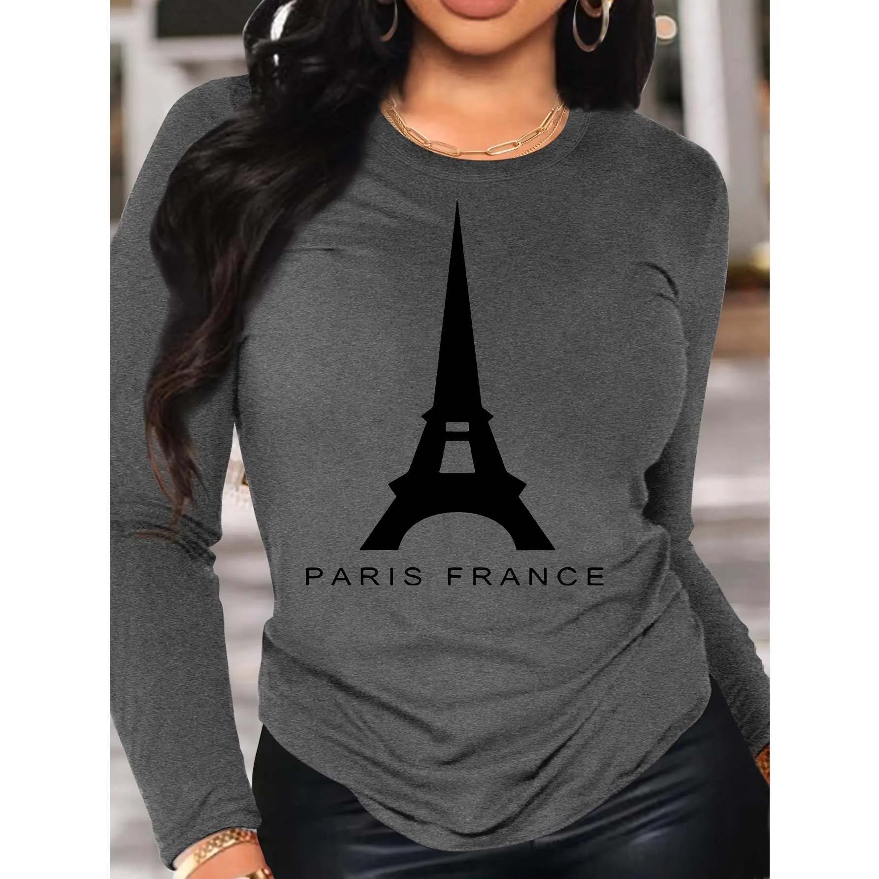 Women's Paris French Pattern Printed Long Sleeve T-Shirt - Vibrant Yellow Round Neck Casual Top, Eiffel Tower Design, Machine Washable Autumn Winter Clothing, Travel Theme Fashion, Medium Stretch Fabric, Durable Base Shirt, Autumn Essential