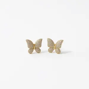 Women's Gold Plated Butterfly Stud Earrings, Embellished with Sparkling Cubic Zirconia, Ideal Fashion Jewelry for Daily Wear, Party and Gift Giving