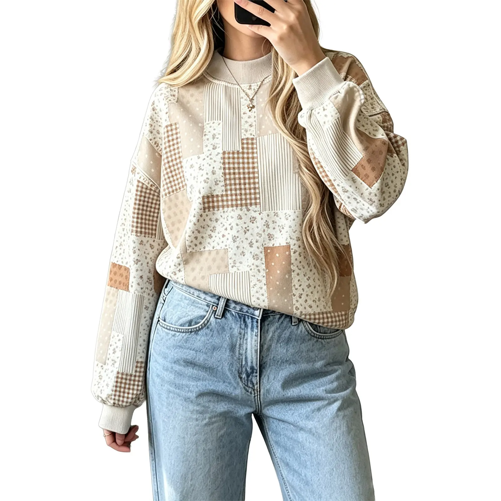 Women Patchwork Sweatshirt Mock Neck Long Sleeve Top Floral Gingham Print Casual Loose Pullover For Daily Wear