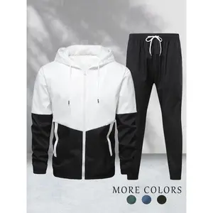 Men'sColorblockZipUpPocketHoodedJacket&SolidDrawstringWaistPantsTwo-pieceSet,RegularFitAthleisureCasualLongSleeveDrawstringHoodie&PocketTrousersforDailyWear,Men2PiecePantsSets,Men'sTwo-pieceOutfitsforAllSeasons