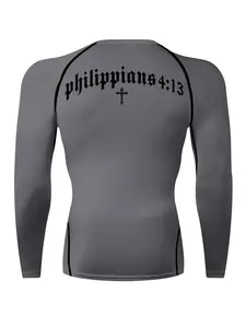 Philippians 4:13 Cross Graphic Print Long Sleeve Compression Shirt for Men, Gym Workout Fitness Training Running Tight-Fit T-Shirt, Athletic Quick-Dry Stretchy Letter Print Baselayer Undershirts Top, Spring & Fall Sportswear Activewear