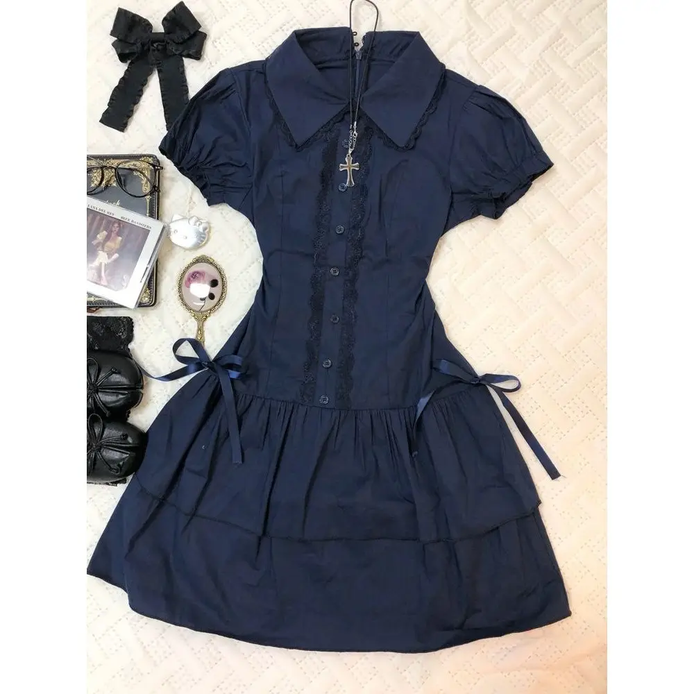 Dark Navy Shirt‑Style Short Dress Lace Trim Puff Sleeve Tiered Ruffle Gothic Lolita Mini Dress