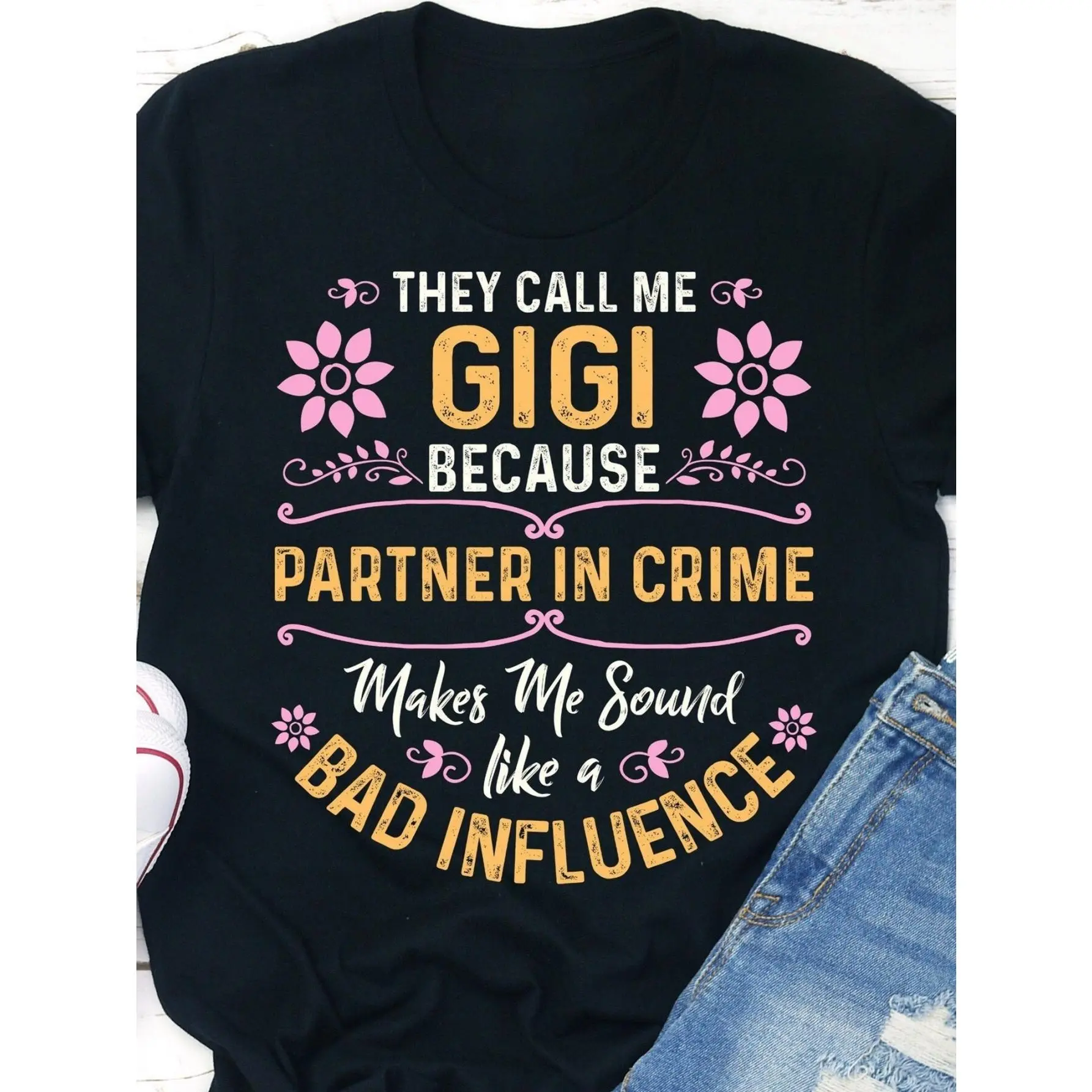 Unisex Funny Gigi Grandma T-Shirt, "Partner In Crime Bad Influence" Sarcastic Quote Graphic Tee, Mother's Day Gift for Grandma
