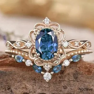 Women’s Matching Simulated Blue CZ Gold-Tone Alloy Stack Ring, Halo Inlaid Bright Blue Stone Daily Jewelry Date Night & Feminine Glam Lady Gift Wear