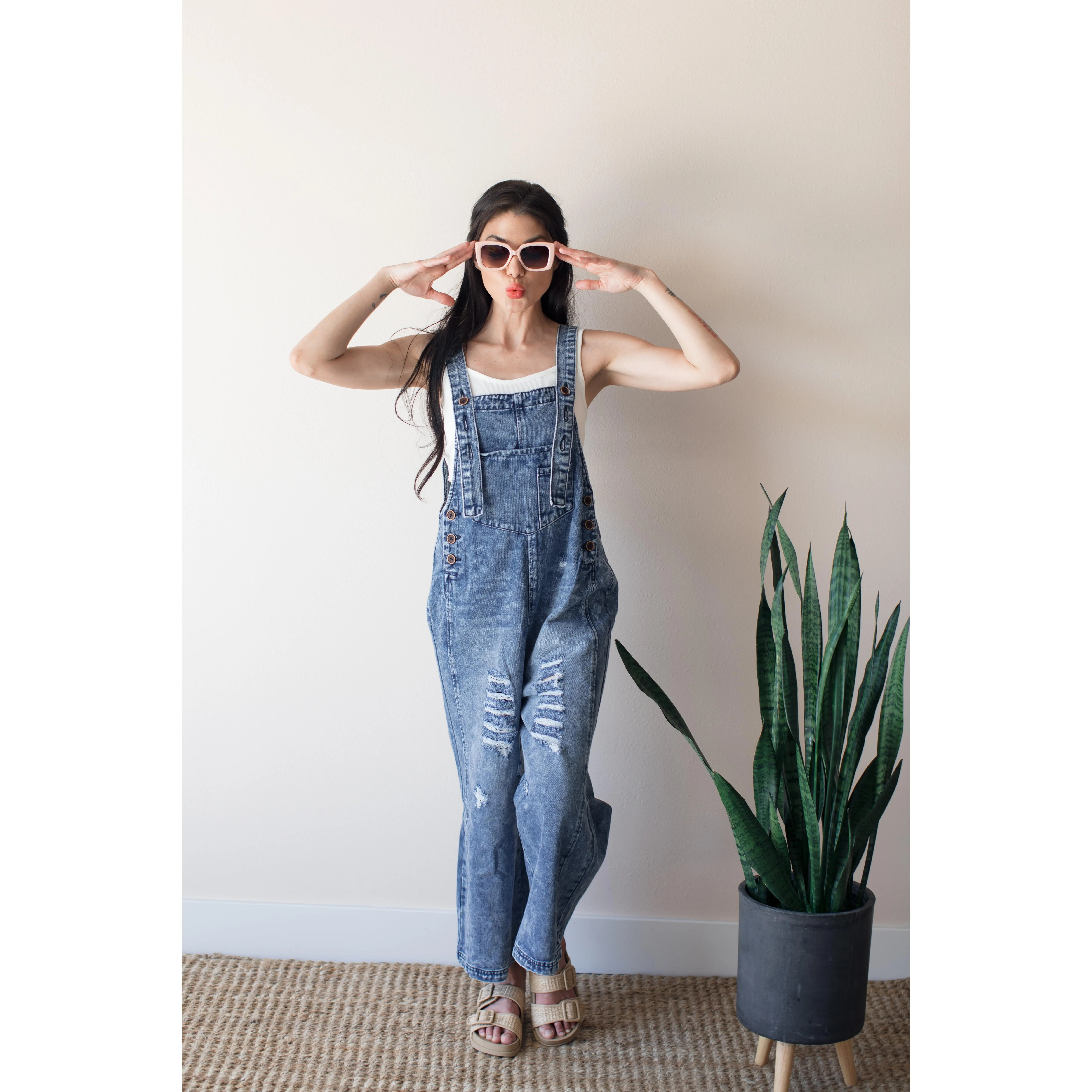Destination Unknown Distressed Wide leg Denim Overalls