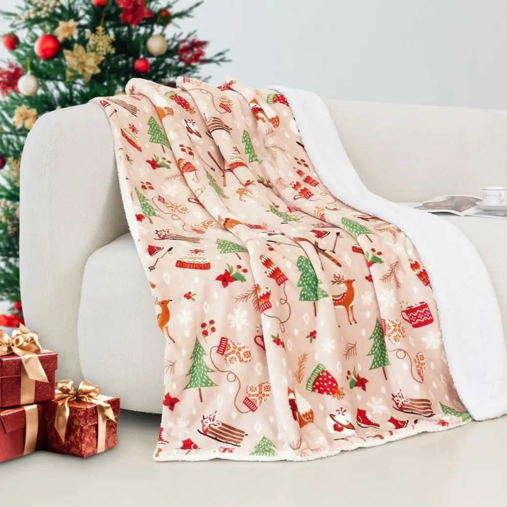 Reversible Christmas Flannel Fleece Throw Blanket, 60*50in (Standard Size), Wrinkle Resistant, Durable, Festive Holiday Patterns, Soft Cozy Gentle Warmth, Dual-Sided Design for Versatile Elegant Style, 50" X 60"