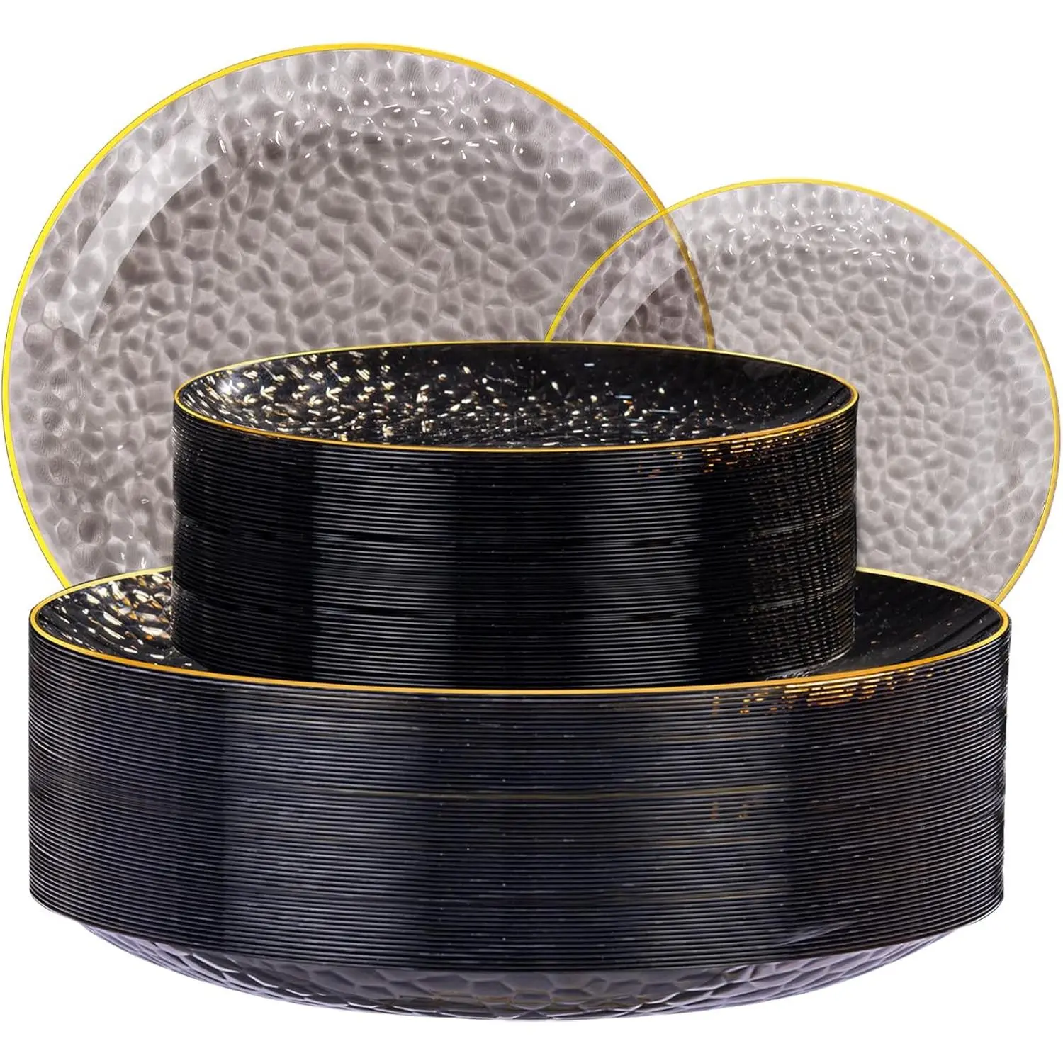 100 count Black Plastic Plates, Hammered Plates Disposable Heavy Duty, Black Disposable Plates With  Rim, Fancy Plastic plates Include 50 Dinner plate and 50 Dessert plate for