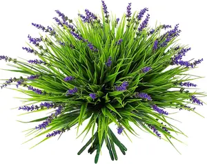 12 Bundles Artificial Grass Fake Plants，Outdoor Fake Monkey Tail Grass with Flowers for Pot UV Resistant Lavender Patio Garden Porch Home Window Hanging Planter Decor Faux Plastic Shrubs(Puper+Green)