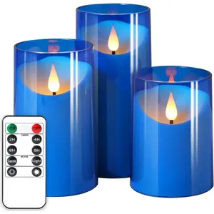 Flameless Candles: LED Pillar   Candles with Remote and Timer for Wedding Party Romantic Decor - Pack of 3 Blue