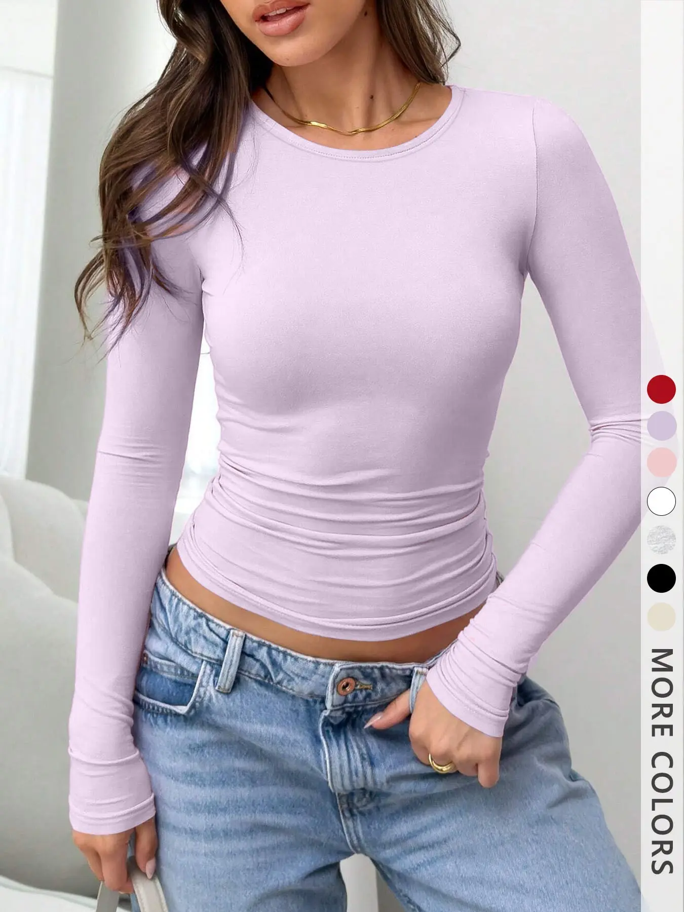 Women's Stretch Fitted Long-Sleeve Top, Stylish Trendy Basic Casual Women's Apparel, Comfortable Daily Wear, Layerable Versatile Undershirt, Everyday Womenswear Style Fabric