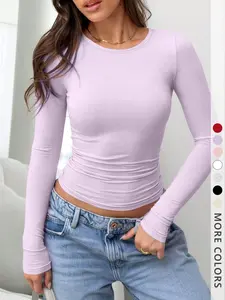 Women's Stretch Fitted Long-Sleeve Top, Stylish Trendy Basic Casual Women's Apparel, Comfortable Daily Wear, Layerable Versatile Undershirt, Everyday Womenswear Style