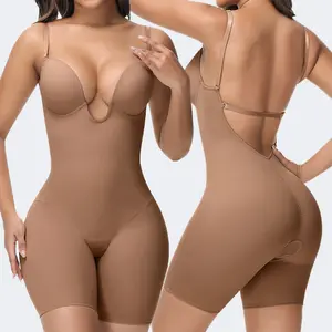 SHAPSHE Backless Plunge Seamless Shapewear Bodysuits Full Body Tummy Control Built In Bra with Plunge Low Back Body Shaper for Wedding Party