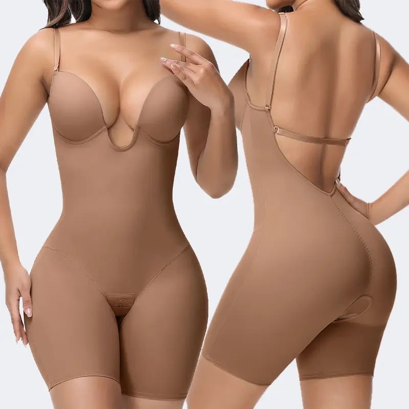 SHAPSHE Women's Minimalist Backless V-Neck Seamless Faja Bodysuit Shapewear - Built-In Bra, Hook-and-Eye Closure, 3/4 Coverage, Body Contouring, Tummy Slimmer, Nylon Spandex, Ideal for Wedding, Party, Birthday, Smooth Under Dresses, High Elastic