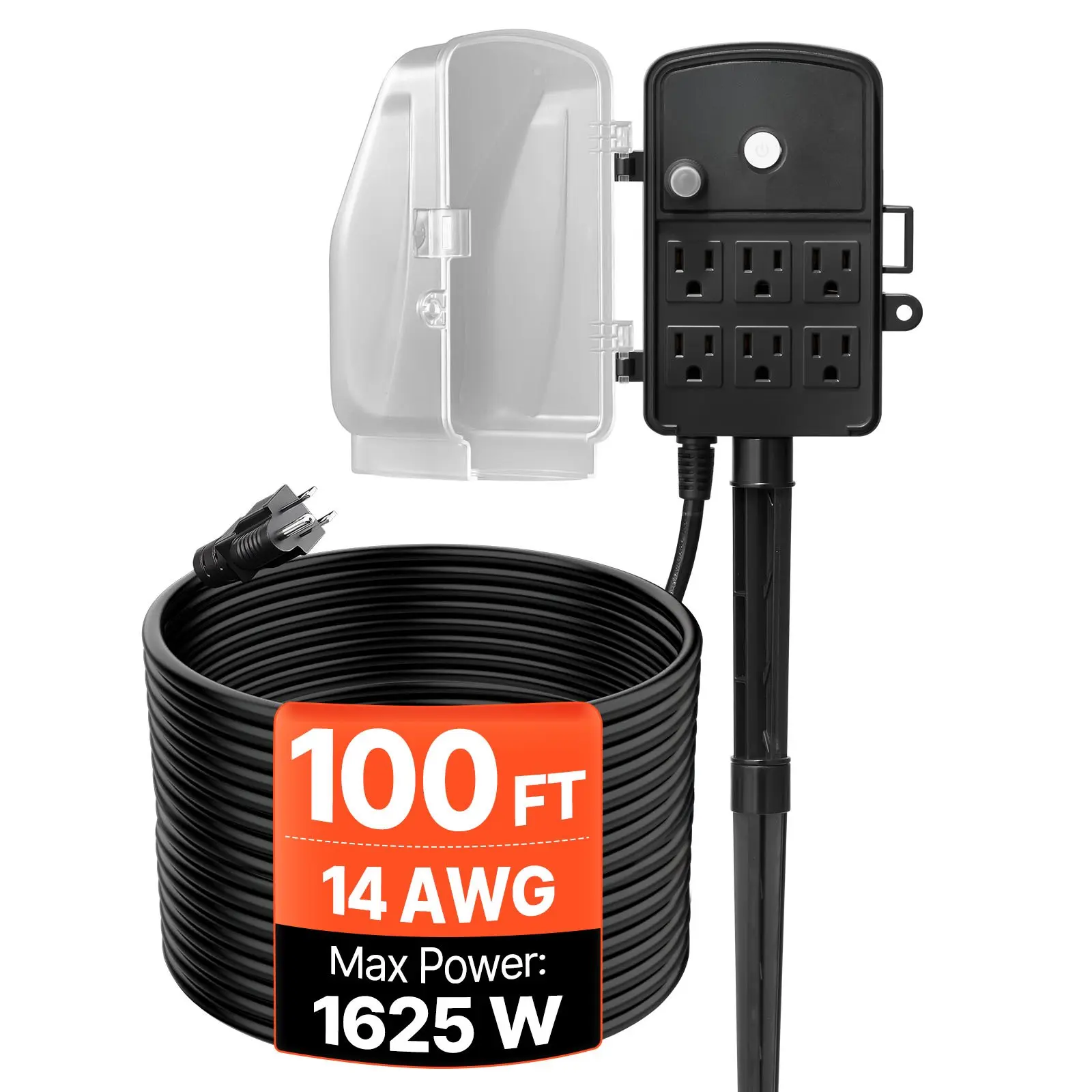 VEVOR Outdoor Power Stake, 100 FT Extension Cord, Outdoor Power Strip Weatherproof with Cover and Overload Protection, 6 Outlets, 13A/1625W, Waterproof Multi-Outlet Yard Stake for Christmas Lights tiktokshopbacktoschool