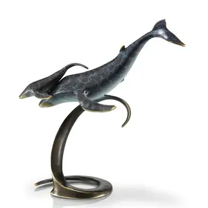 SPI Home Brass Whale Pair on Wave Sculpture – Ocean-Inspired Tabletop Accent, 12” Tall