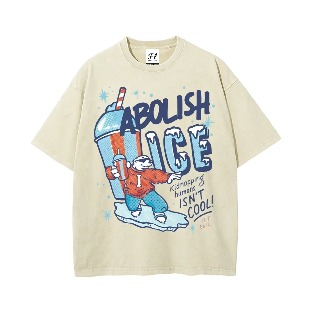 Men's Oversized Retro Washed Stretch Cotton Round Neck Short-Sleeve Casual T-Shirt - Unisex ABOLISH ICE Polar Bear Graphic Top