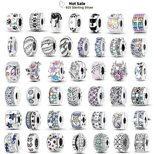 92 Style Round Clip Charms Silver Clasp 925 Silver Star Pet Cat Puppy Paw Safety Chain Color Beads Fit Original Bracelet Jewelry