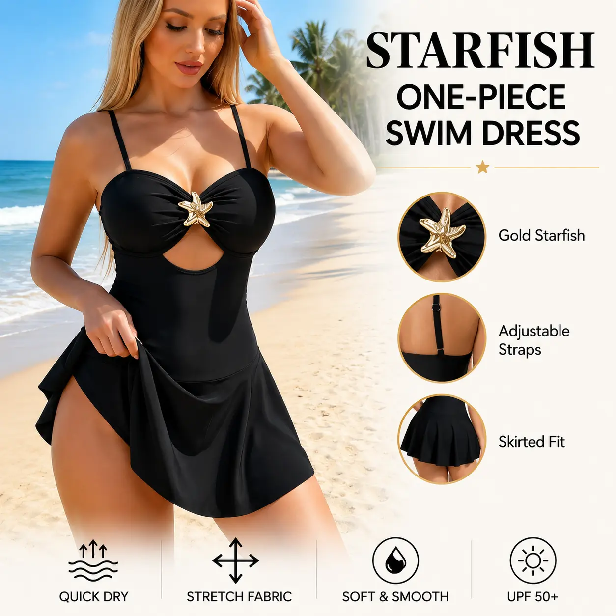 Women’s Starfish One-Piece Swim Dress, Skirted Swimsuit with Adjustable Straps and Gold Starfish Detail