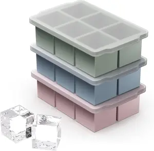 3 Packs Large Ice Cube Molds with Stackable Lid,Silicone Ice Cube Tray for Freezer,Big Square Ice Tray for Whiskey,Cocktails,Bourbon and Soups (Neutral)