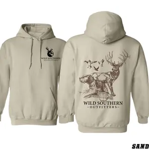 Unisex Hunting Hoodie Wild Southern Outfitters with Elk, Dog & Ducks Print, Outdoor Adventure Apparel for Hunters, Comfortable Fall Winter Country Sweatshirt Womenswear Embroidered