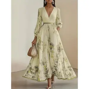 Elegant Olive Green V-Neck A-Line Formal Maxi Dress with Floral Lace Appliqué, Ruffled Bodice & Slit Hem - Machine Washable Women's Wedding, Party &  Wedding DressesVneck Design, Pleated Skirt Style Fabric Beige Peplum