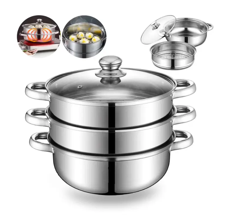 OhhGo Steamer for Cooking, 11 inch Stainless Steel Steamer Pot, 3 Tier Food Steamer Steam Pots with Lid for Kitchen Cooking Vegetables, Seafood, Soups, Stews and Pasta