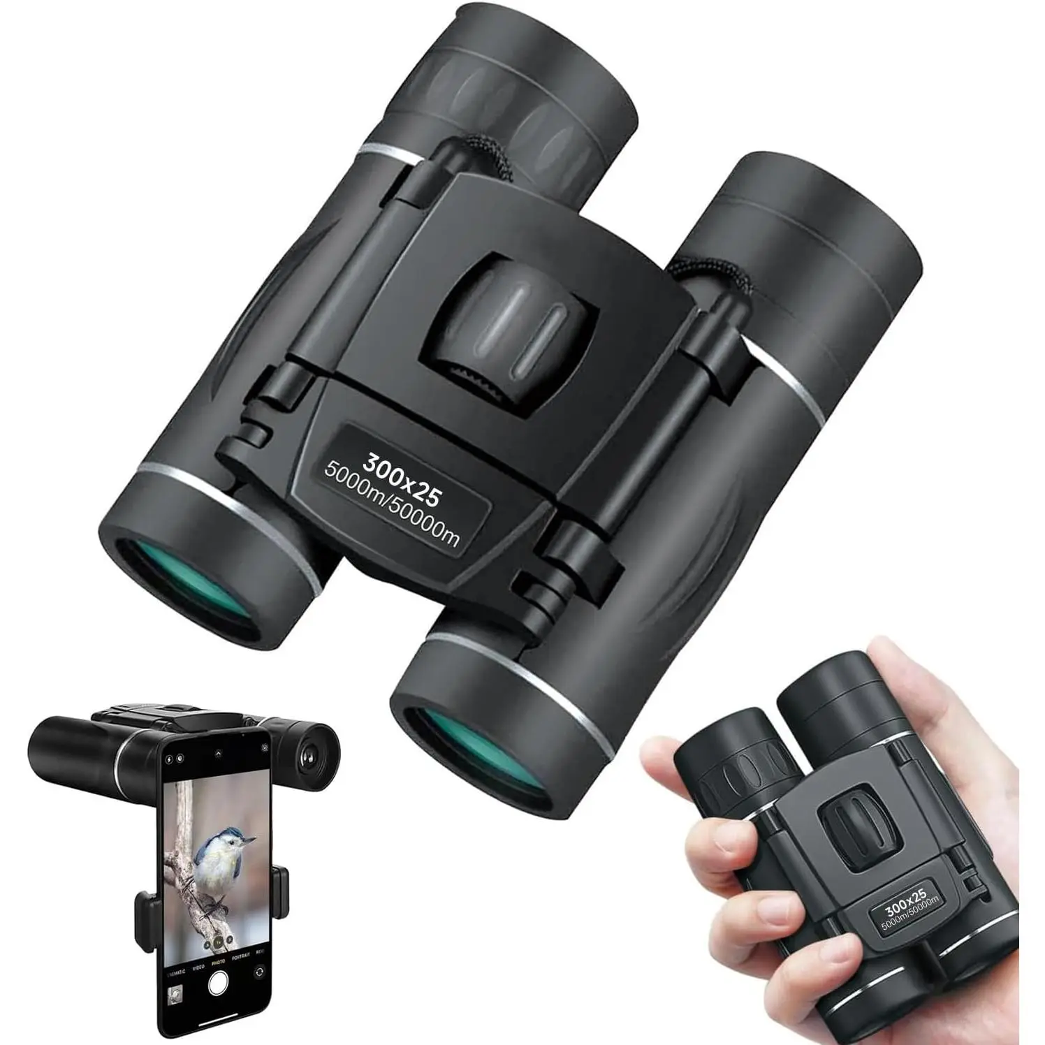 300x25 Binoculars for Adults and Kids, High Powered Mini Pocket Binoculars with Phone Adapter, Waterproof Compact Binoculars for Bird Watching, Hunting, Concert, Theater, Opera, Traveling, Sightseeing