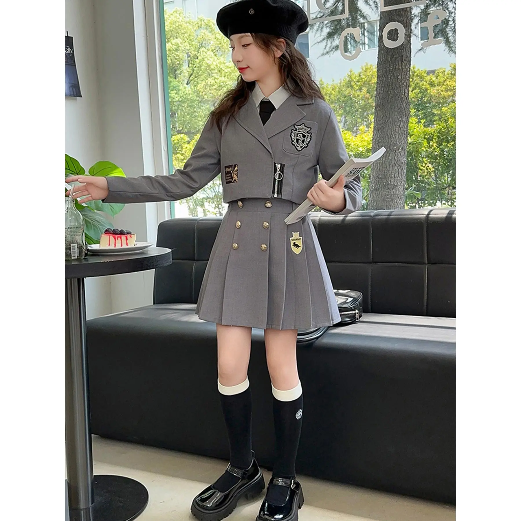 Girls' British Academic Uniform Set - Two-Piece Blazer & Pleated Skirt Outfit with Belt, All-Season School Clothes, Classic Preppy Style for Tweens & Teens, School, Parties, Casual Attire - Available in Multiple Colors (JK Uniforms)