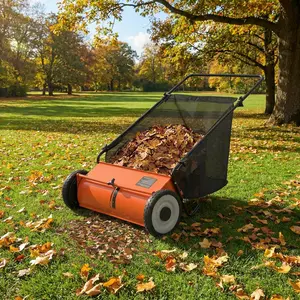Orange 26 Inch Heavy Duty Push Lawn Sweeper 4 Spinning Brushes Steel Frame 7 Cu. Ft. Adjustable Height Collector for Grass Leaves Yard Debris