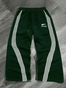 Men's "THE STAR" Stripe Wide Leg Pants | Y2K Streetwear Drawstring Waist Pants with Curved White Side Stripes & Star Logo Print | Retro Street Style for Gen Z Guys & Streetwear Enthusiasts Striped