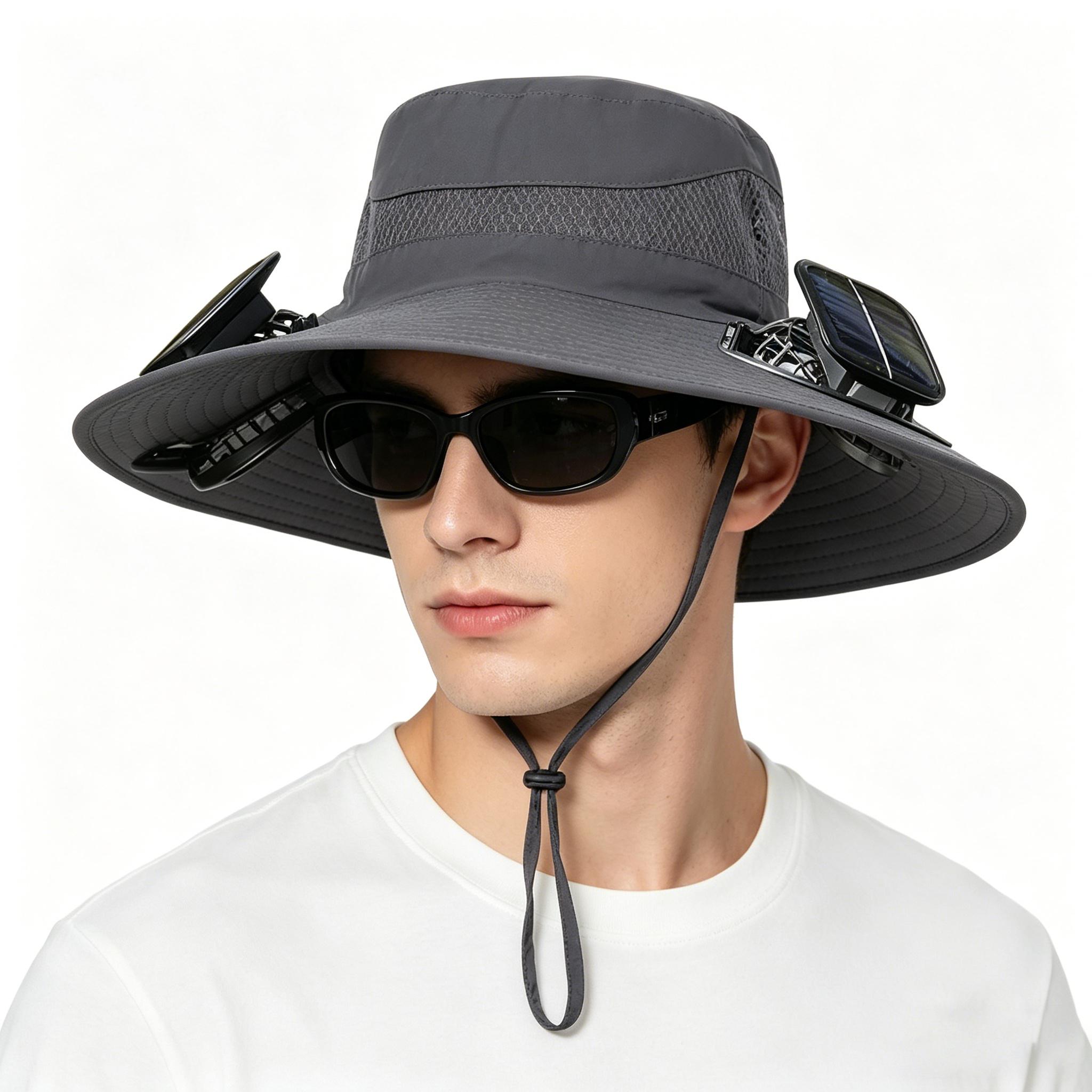 DX sport Solar fan hat Mens Wide Brim Solar Fan Hat Outdoor 50+Upf Protection Sun Hats With 2 Solar Fan Hiking Fishing Solar Powered Visor Cap Dropping