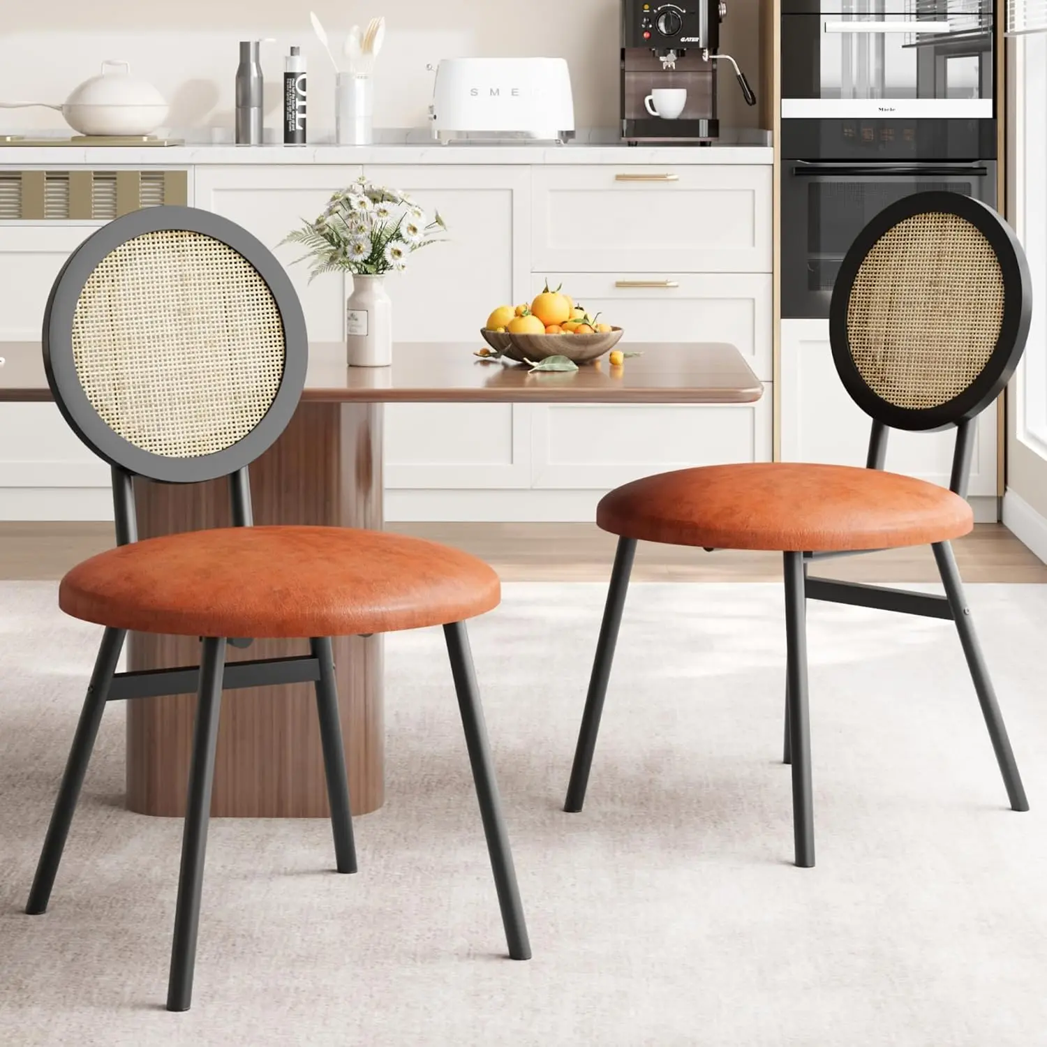 Set of 2 Whiskey Brown Metal Dining Chairs with Hand-Woven Rattan Backrest and Faux Leather Seat