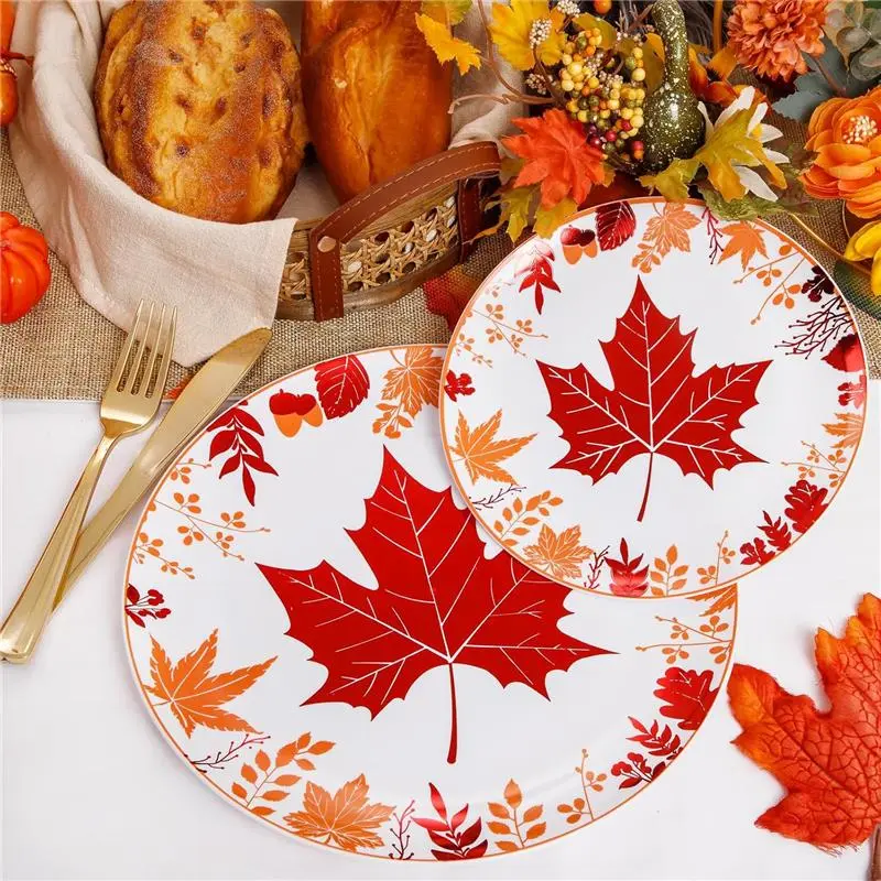 Fall Thanksgiving Plastic Plates Set - 150PCS - Maple Leaf Pattern - Heavy Duty - Non-Toxic - Disposable - Perfect for Fall Themed Parties