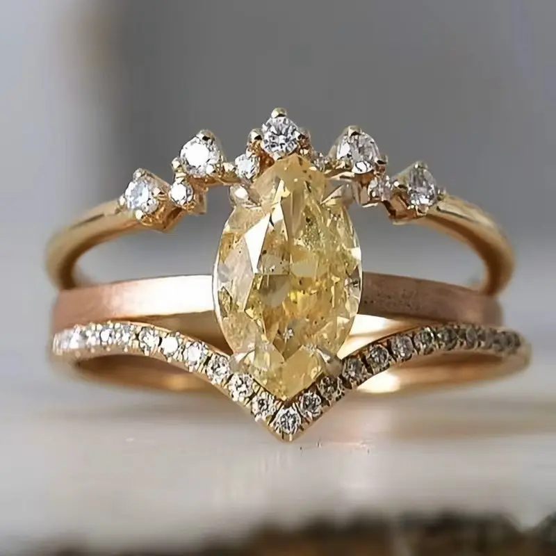 Two Tone Rose Gold Stackable Ring Set Marquise Yellow Citrine Center Stone Curved Diamond Wedding Band Dainty Crown CZ Engagement Promise Jewelry Gift For Women Bridal