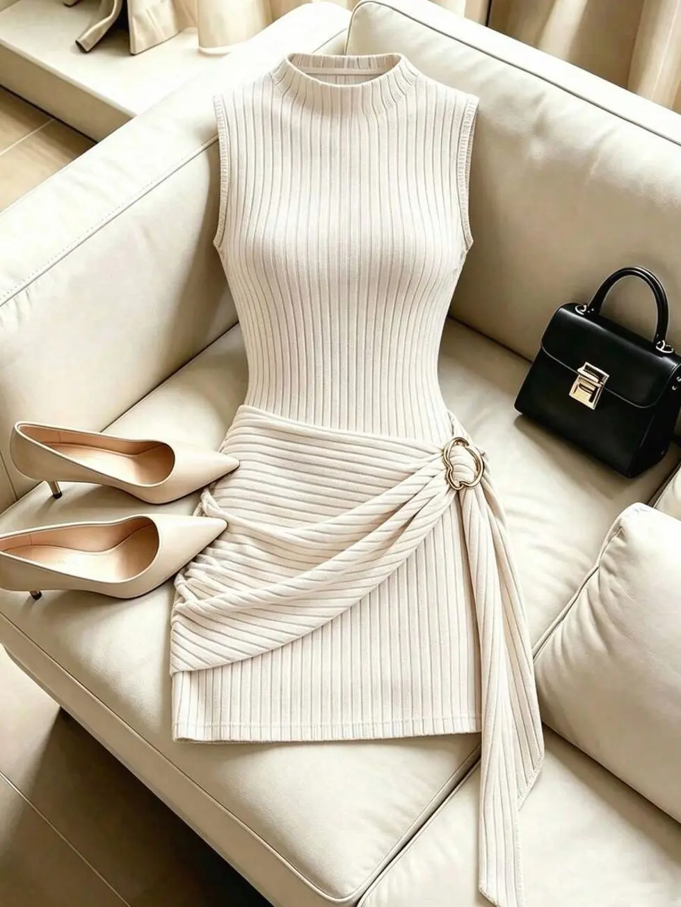Women's Ribbed Knit Mini Dress, Sleeveless Mock Neck Bodycon, Elegant Ruched Waist Detail, Cream Beige Outfit for Party, Office, and Daily Wear