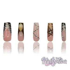 Lavish Lily - Medium Length 35mm Square Shape 3D Flower Brown Abstract Silver Rhinestone Reusable Acrylic Gel UV High Quality Handmade Luxury Press On Nails