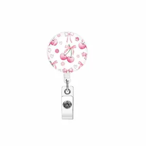 Cherry Pattern Round Badge Holder, 1 Count Retractable Badge Reel, Nurse Badge Reel, Identification Badges & Supplies for Office Workers School Staff