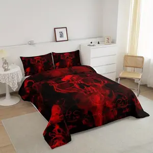 3-piece Gothic Skull Bedding Set, Red and Black Skull Duvet Cover Set, Suitable for Teen Boys, Spiritual Gothic Skull Duvet Cover, Smoky Halloween Horror Bedding Set for Bedroom Decor - Soft Microfiber
