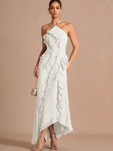 Halter Neck Ruffle Long Dress, Elegant Pleated Design, Perfect for Parties and Special Occasions, Women's Fashion Clothing