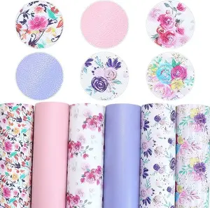 6 Pcs 7.7" x 12.9" ( 20 cm x 33 cm) Solid Color Floral Printed Faux Leather Fabric Sheets Include 2 Kinds of Leather Fabric for DIY Bows Earrings Making Crafts ( Flower Printed Set C)