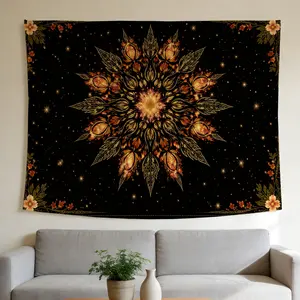 Golden Fire Mandala Tapestry Mystical Celestial Style Wall Hanging Suitable for Home Decor Valentine's Day Easter St.Patrick's Day Halloween Christmas and Other Festival Decorations.