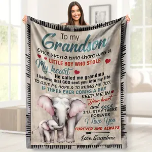 Personalized Grandson Blanket Gift from Grandma - Flannel Fleece Blanket with Elephant Design and Inspirational Quotes - Cozy Knitted Polyester Throw for All Seasons